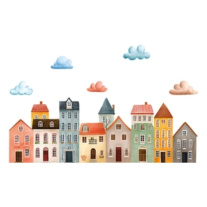 Bohemian style colorful house and clouds wall stickers for kids room decoration