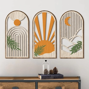 Three-piece boho wooden arch wall art set featuring sun, moon and botanical motifs