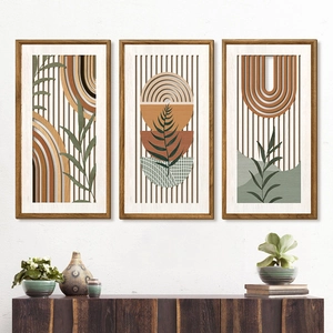Three-piece boho wall art set with wooden frames featuring earthy botanical sun designs