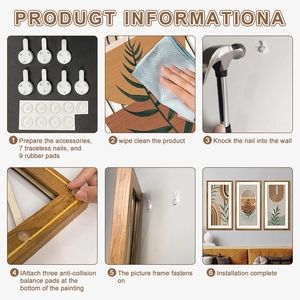 Detailed guide showing 6 steps for wall mounting with seamless nails and rubber pads