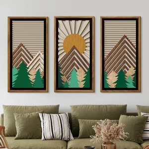 3-Piece Bohemian Pastoral Abstract Wood Hollow Decorative Wall Art Set With Rosewood Frame 3D Nature Landscape Mountain Sun Forest Hanging Decor For Living Room