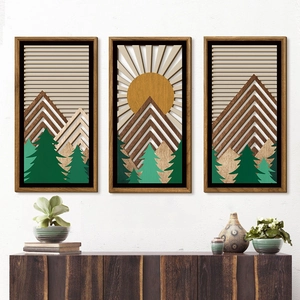 Three-piece bohemian wooden wall art set with mountain and forest layers in pearwood frame