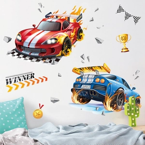 Adesivi murali auto da corsa con testo winner per decorazione camera bambini effetto 3D