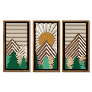 Three-piece bohemian wooden wall art featuring 3D laser-cut mountains and forest scenery