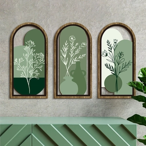 Böhmisch Grün Abstrakt Bogen Wanddeko Aus Holz Set 3-Teilig Floral Botanisch Geometrisch Holzschild Wandbehang Für Zuhause Büro
