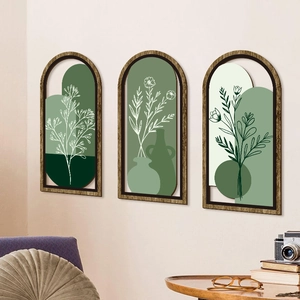 Böhmische grüne abstrakte Bogen-Wandkunst aus Holz 3er-Set für moderne Wohnzimmer