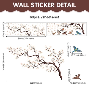 Detail showing spring blossom and hummingbird PVC wall decals with layout dimensions