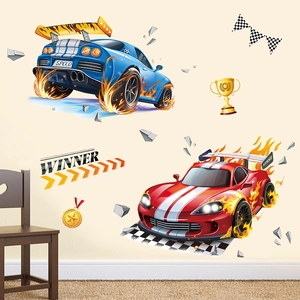 Adesivi murali per bambini con auto da corsa effetto muro rotto e decorazioni colorate
