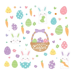 Adesivi pasquali in PVC con coniglietti, uova colorate e cestino Happy Easter decorato