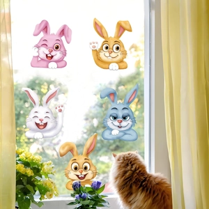 Easter bunny window clings set featuring five colorful cartoon rabbits for home decoration
