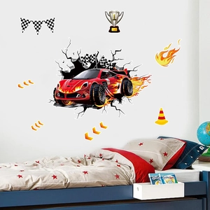 Detail of 3D race car wall sticker with flames, trophy, and checkered flags for kids' room
