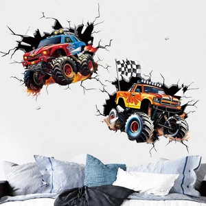 Adesivi murali 3D monster truck per cameretta con effetto visivo di muro rotto dinamico