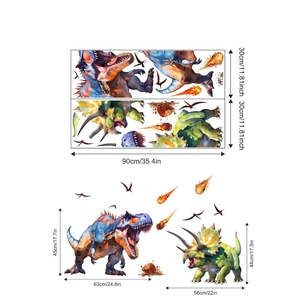 Detailed dimensions of PVC dinosaur wall stickers showing T-Rex and Triceratops sizes
