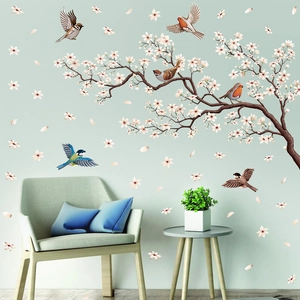 Self-adhesive PVC peach blossom wall sticker with flying hummingbirds for living room decor