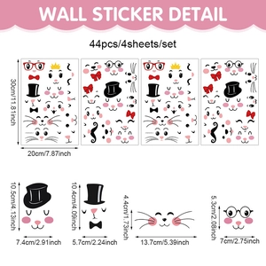 Detailed dimension guide for Easter bunny face wall stickers with 44 DIY decorative elements