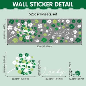 Detailblatt der Kleeblatt-Wandtattoos mit Lucky-Schriftzug und 90x30cm Abmessungen