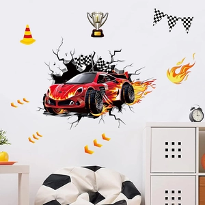 3D racing car wall sticker showing a red sports car bursting through a white bedroom wall