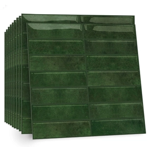 Set of 10 dark green 3D subway tile wall stickers with glossy marble texture for home decor