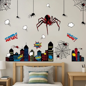 Spider-Man themed kids room wall stickers with 3D effect superhero and city silhouette