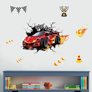 Detail of racing car wall sticker set with red sports car, trophy, and flames for kids room
