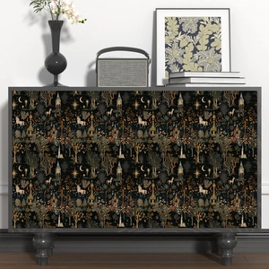 Vintage forest wallpaper with golden unicorns and castles for bedroom wall decor