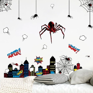 Spider-Man themed cartoon wall decals with spider webs and city skyline for kids room decor