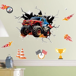3D monster truck wall sticker set with fire decals and racing flags for kids bedroom