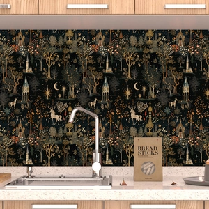 Self-adhesive waterproof wallpaper featuring vintage gold forest and castle patterns