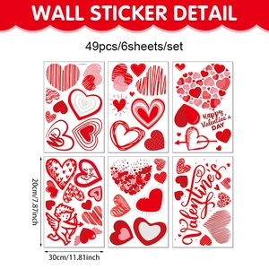 Detail view of Valentine heart wall stickers set showing 6 sheets with 49 romantic decals