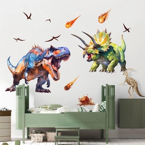 Watercolor dinosaur wall decals featuring T-Rex and Triceratops for kids bedroom decor