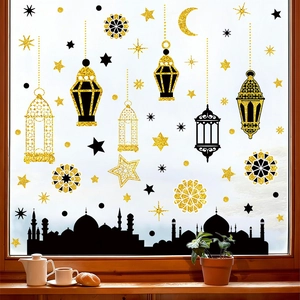 Ramadan Eid Mubarak Wandtattoo Goldener Glitzer Mond Stern Laterne Moschee Silhouette DIY PVC Fensteraufkleber Dekor