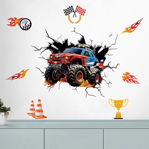 3D monster truck wall sticker set with racing flags and flame decals for boys' room decoration