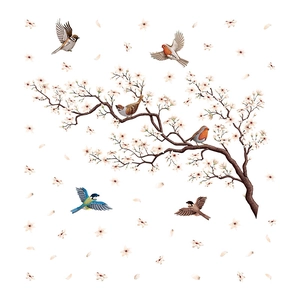 PVC wall stickers featuring peach blossoms and six birds for living room home decoration