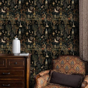 Vintage forest mural with unicorn and castle pattern on black bedroom wallpaper