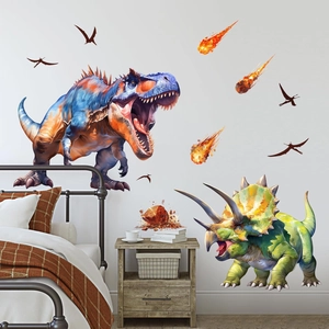 Cartoon Dinosaur Wall Stickers For Kids Room Bedroom Decor PVC Waterproof Removable T-Rex Triceratops Meteor Wall Decal