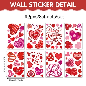 Set of 92 Valentine heart wall stickers across 8 sheets with multiple romantic patterns