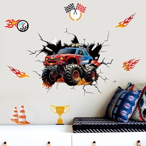 3D Monster Truck Wall Stickers For Boys Bedroom Racing Car Wall Decals Removable PVC Crack Effect Self Adhesive Home Decor