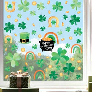 St. Patrick's Day window decals set with shamrocks, gold coins and green hats decorations