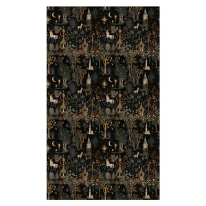 Vintage mystical forest tapestry with unicorn and castle icons on dark background