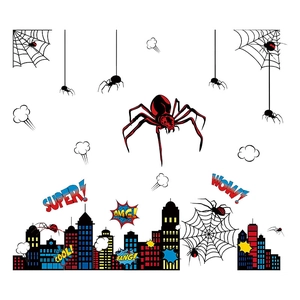 Comic Spiderman wall stickers with city silhouette and superhero bubbles for kids rooms
