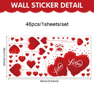 Detail of 46pcs red PVC heart wall stickers with 'Love' text for romantic room decor