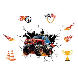 3D racing monster truck wall sticker set with checkered flags and flame decals
