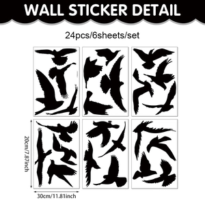 Lot de 24 stickers silhouettes d'oiseaux noirs sur 6 feuilles de 20x30 cm