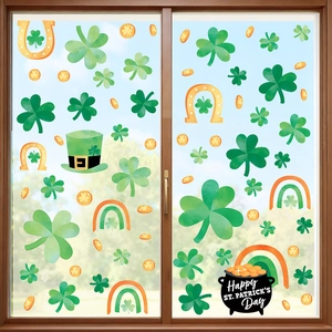 St. Patrick's Day window clings with green shamrocks, gold coins and lucky horse shoes