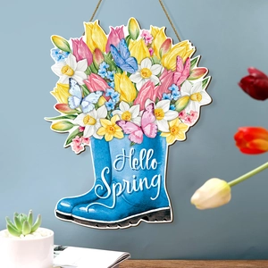 Hello Spring welcome wooden sign with blue rain boots and colorful tulip flowers
