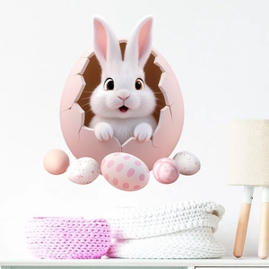 Detail of 3D Easter bunny wall sticker featuring a white rabbit in pink egg with colorful eggs