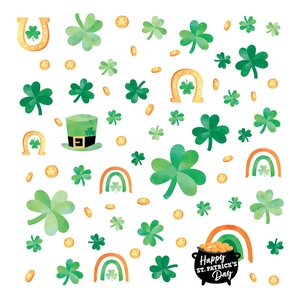 St. Patrick's Day window clings with green shamrocks, gold coins and festive hats