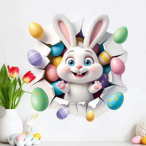 3D cartoon Easter bunny and colorful eggs wall sticker bursting through white surface