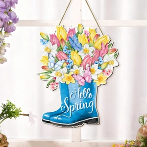 Blue rain boot wooden sign with spring flowers and butterflies for front door decor