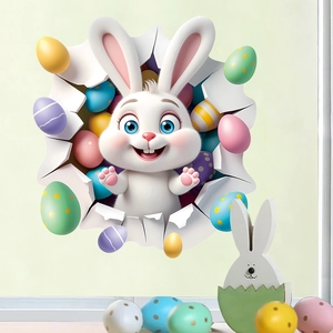 3D Easter bunny wall sticker with colorful patterned eggs emerging from a cracked wall